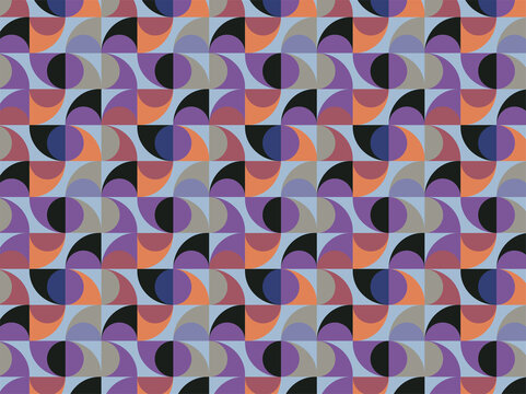 Vibrant seamless geometric pattern inspired by mid-century modern design, featuring layered semicircles, quarter circles, and overlapping circular shapes arranged in a balanced grid. 