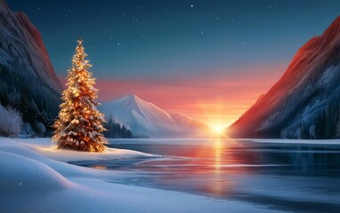 Fototapeta premium Serene Winter Landscape with Snow-Covered Trees and Mountain Sunset Reflection