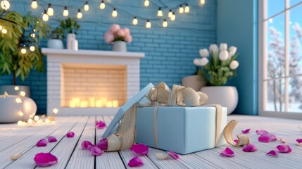 Obraz premium Elegant Blue Gift Box with Gold Ribbon by Fireplace in Cozy Room