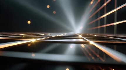 Fototapeta premium Futuristic Grid Perspective: A sleek, futuristic grid stretches into a luminous horizon, illuminated by dramatic light rays and glowing particles.