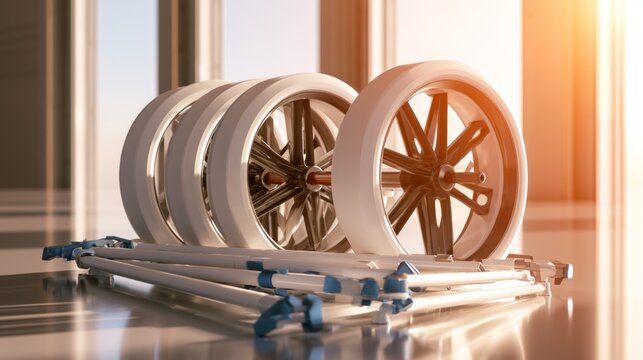 Modern medical wheelchair wheels and folding frame parts with sunlight