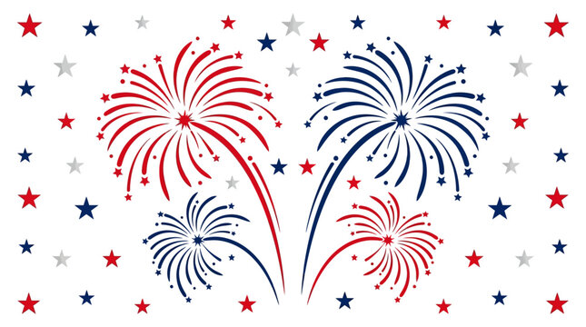 Patriotic fireworks vector illustration, red white and blue firework bursts with stars, American Independence Day celebration background