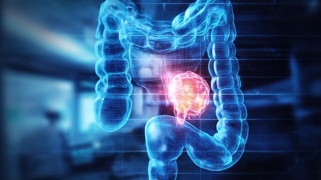 Detailed medical 3D illustration of colorectal cancer development inside human large intestine, showing malignant tumor growth, intestinal wall lesions, polyp deterioration, digestive system pathology