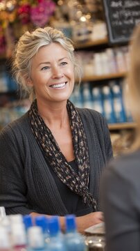 A smiling woman engages a customer behind the counter, with product shelves visible in the background.
