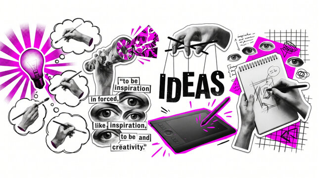 Pop art halftone collage featuring lightbulb, drawing tablet, hands sketching and eyes. Creative concept of ideas, inspiration, and design process in a grunge paper cutout mixed media pattern