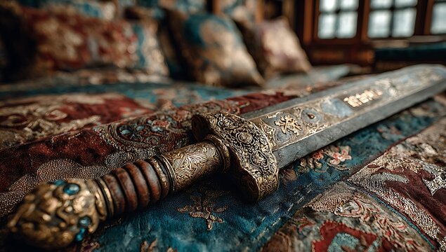 Ornate sword on patterned fabric bedding dagger blade handle gold