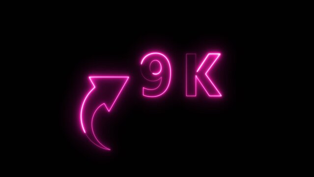 Neon pink arrow icon indicating nine thousand shares milestone with glowing digital sign.