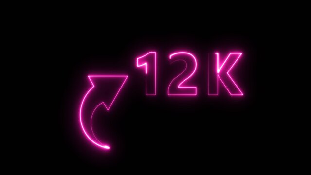 Neon pink glowing 12k follower count with curved arrow symbol isolated on black background.