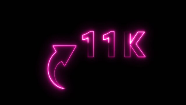Neon pink glowing 11k follower count with curved arrow symbol isolated on black background.
