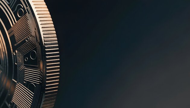 Centralized ledger validation nodes and advanced microchip cryptography architecture. Digital network security systems. Macro side view of a metallic coin showing detailed textures