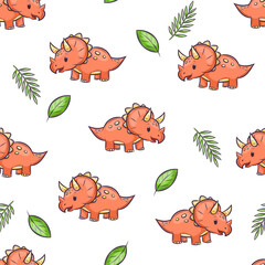 A seamless pattern featuring cute triceratops and leaves © Bagirina Art