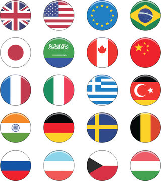 Round world flag icons collection, international country symbol vector set for global communication and education