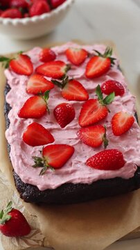 Chocolate sheet cake with strawberry cream cheese frosting with fresh strawberries. 