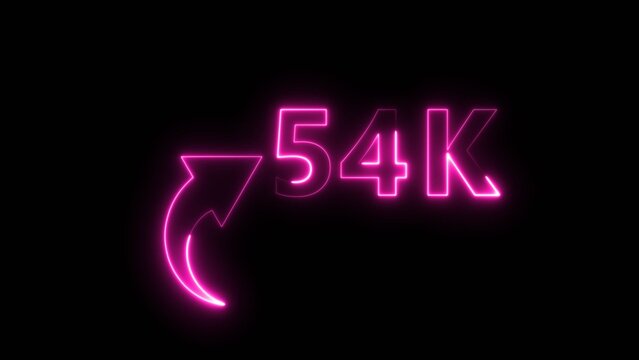 Neon pink glowing text showing 54k count with an upward arrow isolated on black background.