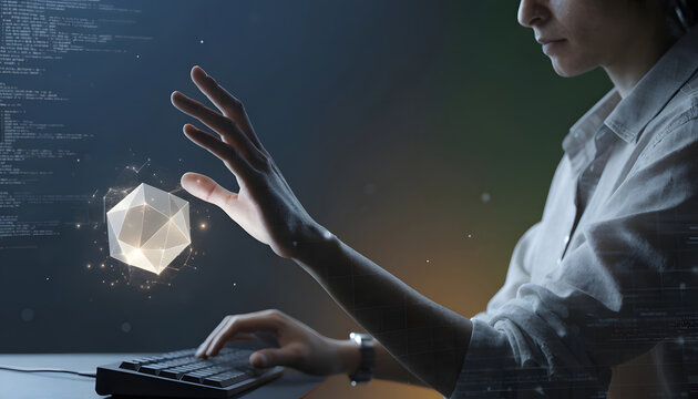 Artificial intelligence data programming and decentralized computing architecture. Network software development needs. Female developer typing on a keyboard near a glowing geometric node