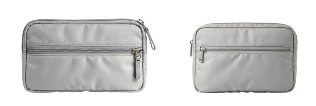 Two silver metallic cosmetic pouches isolated on transparent background
