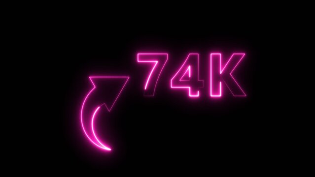 Neon pink seventy four thousand milestone counter text and share arrow on black backdrop.