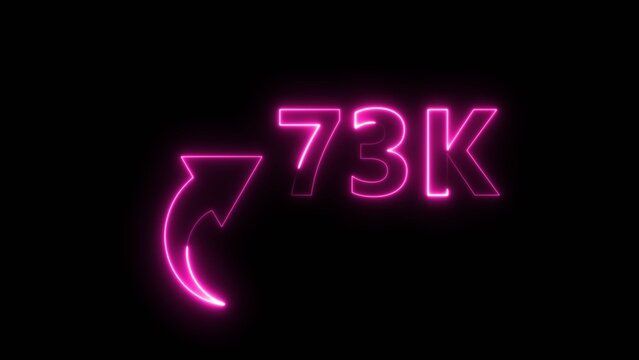 Glowing pink seventy three thousand milestone text with luminous share arrow sign design.