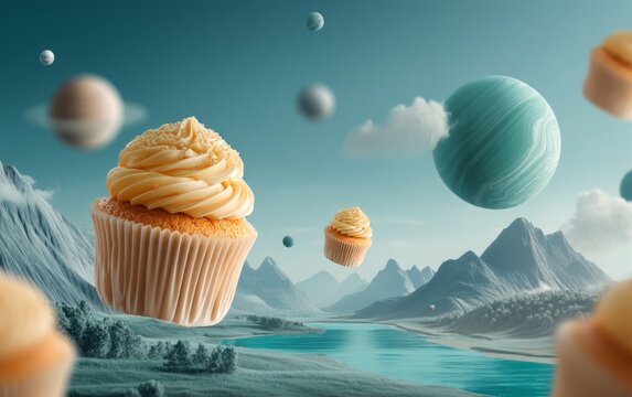 Surreal scene with creamy cupcake floating over fantasy alien landscape