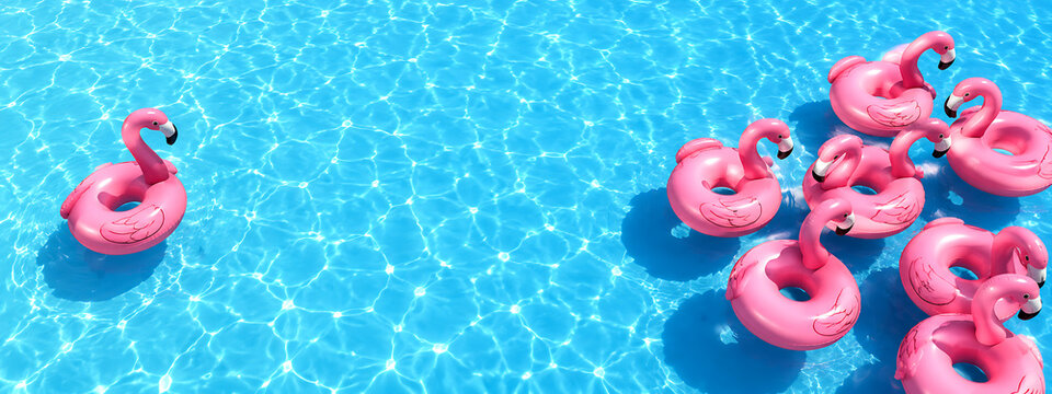 Pink flamingo pool floats floating in blue swimming pool water, summer vacation background with copy space, tropical pool party concept isolated on White Background ai