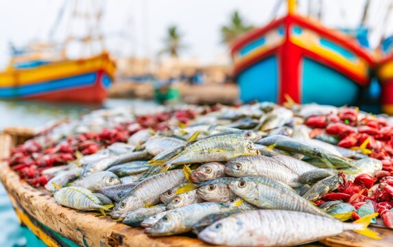 Fresh fish and crab seafood displayed on wooden boat at colorful harbor