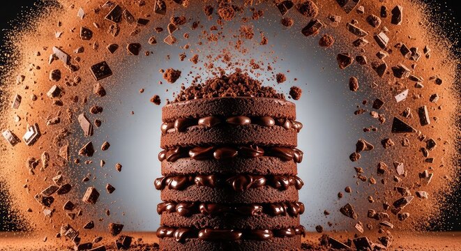 Luscious layers of moist chocolate cake exploding upwards, surrounded by a swirling mist of cocoa powder and dark chocolate fragments, rich, macro, chocolate