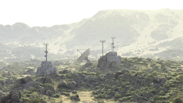 Small antenna outpost among scrub hills, hazy morning light, low concrete shelters with multiple masts and satellite dishes, field engineer role suggested