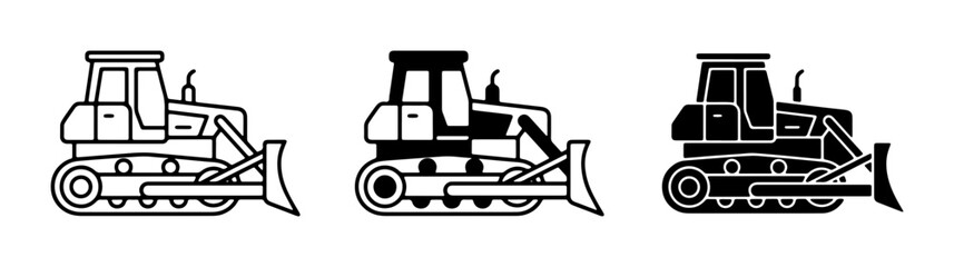 Bulldozer Icons Set, Construction Vehicle Vector Graphics, Heavy Machinery Line Art and Silhouette for Industry Projects © Nusrat
