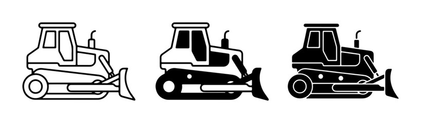Bulldozer Icons Set, Construction Vehicle Vector Graphics, Heavy Machinery Illustrations © Nusrat