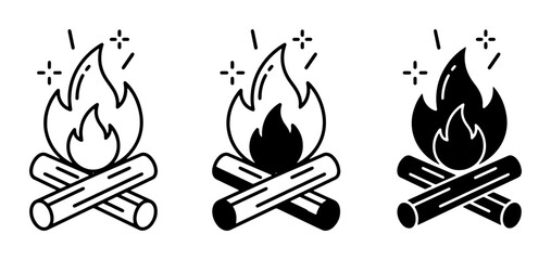 Campfire Icons, Bonfire Vector Graphics, Fireplace Symbols. Set of three distinct campfire illustrations in outline, silhouette, and filled styles for camping, outdoor, and warmth themes. © Nusrat