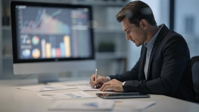 Close medium shot of an advisor assessing cash flow scenarios specifically for duplex units using digital graphs while the surrounding workspace remains blurred.
