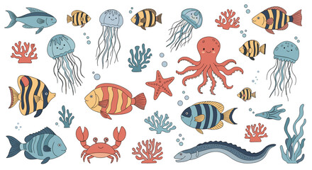 Obraz premium Detailed collection of diverse marine life featuring various tropical fish, an octopus, jellyfish, crabs, and corals in a charming hand-drawn style.