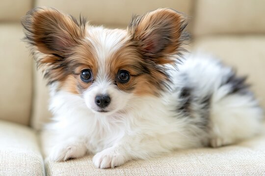 無邪気な瞳で目線のパピヨン子犬がソファで寛ぐ