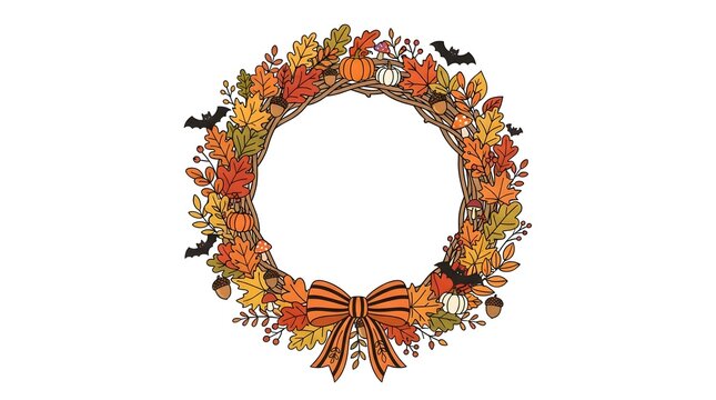 Autumn thanksgiving background fall wreath with pumpkins leaves for holiday decor