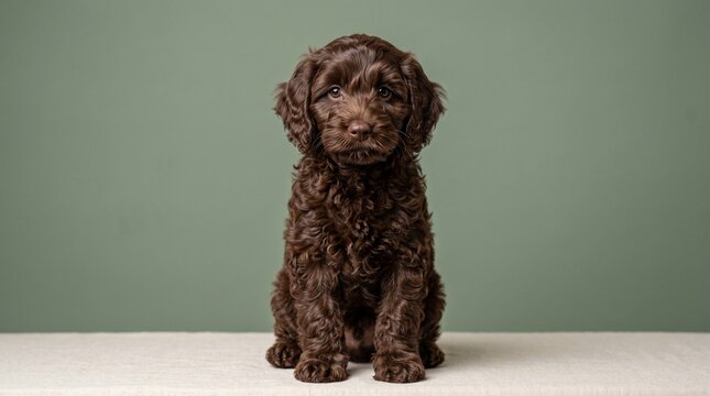 Brown curly haired poodle cross puppy sitting on textured floor in studio with olive backdrop for canine retail marketing