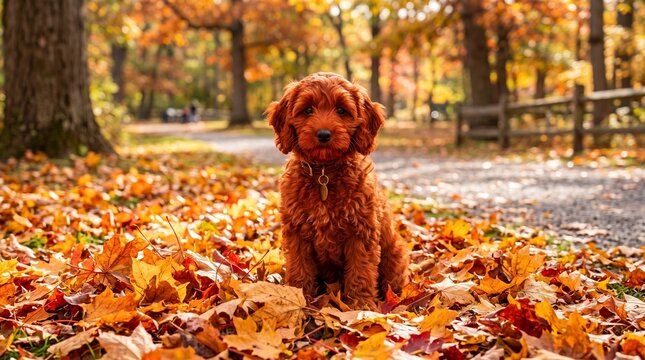 Ginger poodle crossbreed puppy sitting on golden maple leaves in a sunlit autumn woodland with warm bokeh for veterinary hospital advertising