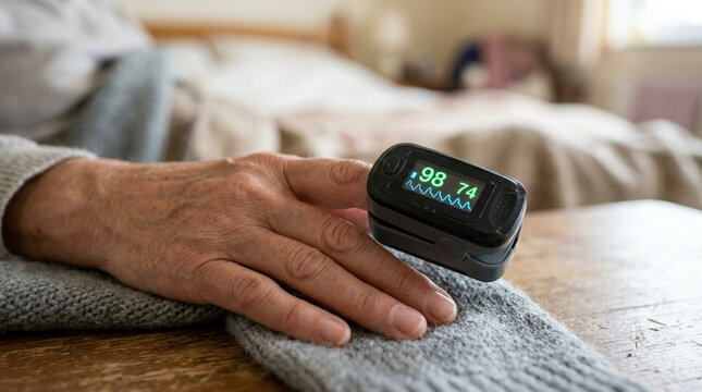 Elderly Hand with Pulse Oximeter Monitoring Health at Home