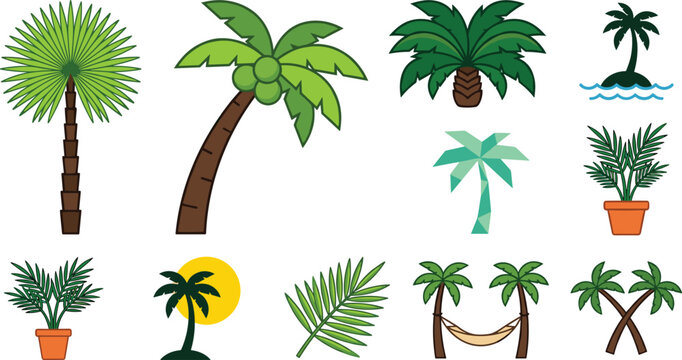 Tropical palm tree and island nature icon set featuring coconut palms beach plants exotic foliage and summer landscape vector collection