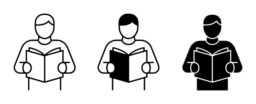 Reading Person Icons, Silhouette and Outline Styles, Vector Set for Education, Knowledge, and Learning Concepts