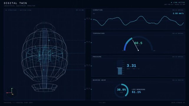 Digital twin industrial equipment dashboard with 3D machine visualization, sensor monitoring, vibration analysis, predictive maintenance metrics, and realtime engineering analytics.