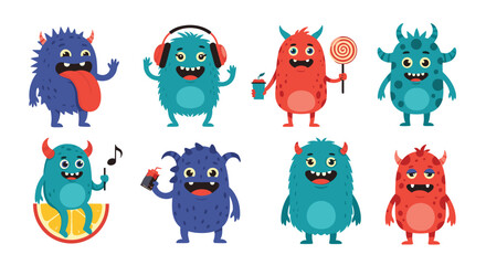 Fototapeta premium Variety of cute and quirky colorful monsters engaged in fun activities like listening to music, eating a lollipop, and drinking from a cup.