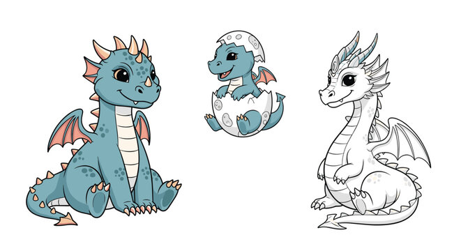 Three cute illustrated baby dragons including one hatching from an egg and a line art version for coloring or different design purposes.