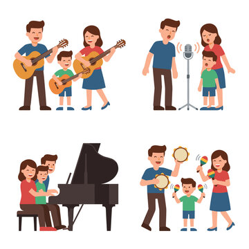 Happy family playing music together set with playing acoustic guitar singing into microphone playing grand piano and percussion instruments vector illustration