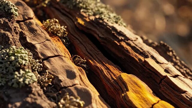 Macro close-up of deeply cracked tree bark. Rough wood texture with lichen illuminated by warm dramatic side lighting. Natural organic background