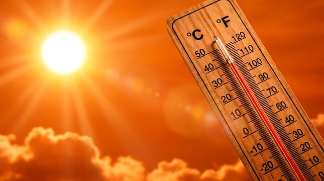 Wooden outdoor thermometer measuring high heat levels under bright sun backdrop emphasizing global warming climate change weather patterns environmental crisis summer season concept.