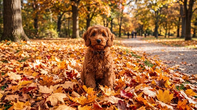 Red cockapoo puppy sitting among fallen autumn leaves in a sunlit park with shallow depth of field for pet product marketing