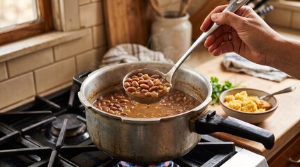 Commercial culinary close-up photography of a hand scooping cooked pinto beans with a metal ladle from an aluminum pressure cooker on a stovetop – Brazilian home cooking advertisement, packaged beans 