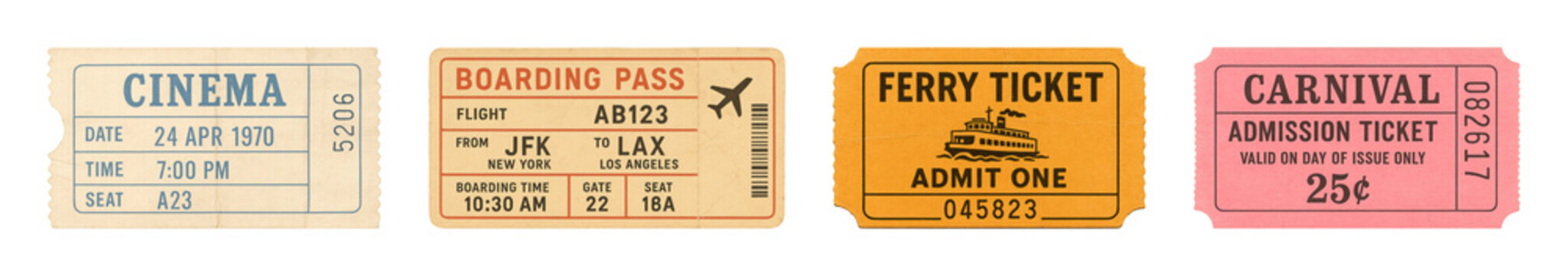 PNG Vintage ticket set with cinema, boarding pass, ferry, carnival, transparent background
