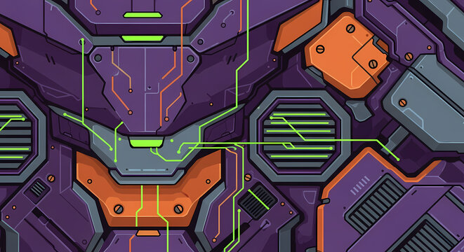 Abstract digital background featuring futuristic mechanical armor plating with glowing green circuit lines and orange accents.