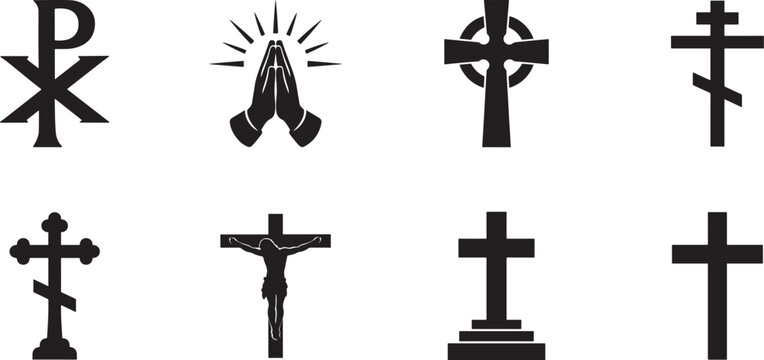 Christian cross symbols solid glyph icon set with 20 filled black vector icons for faith and worship use.